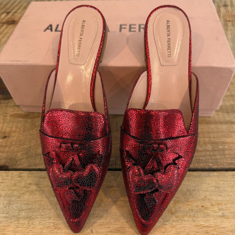 Alberta Ferretti-Red Mia Laminated Leather Mules  NEW W BOX Size 37 - Picture 4 of 11